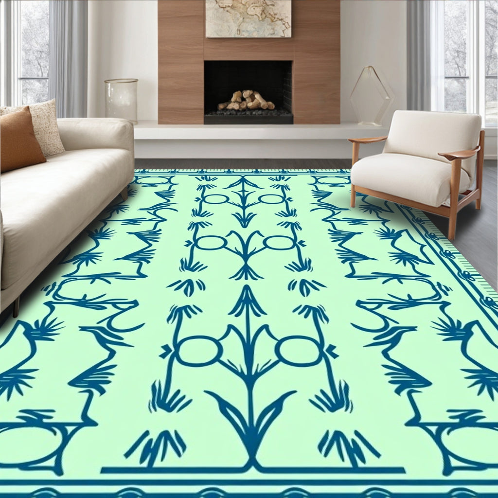 Teal Abstract Floral Patterned Rug