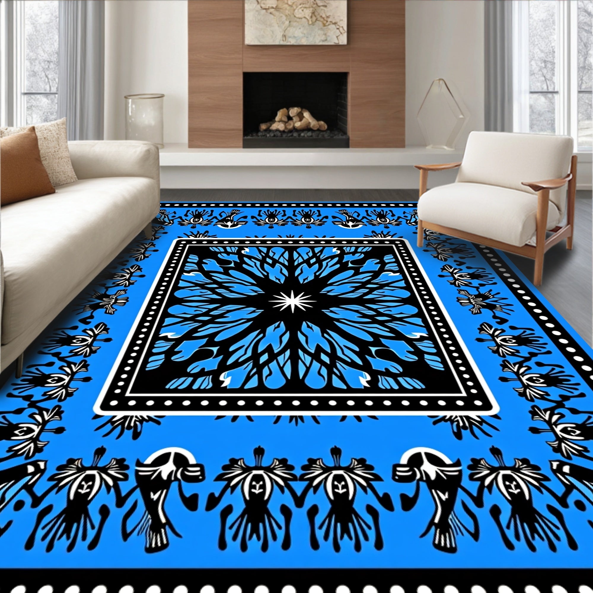 Stylized Floral Starburst With Border Design Rug
