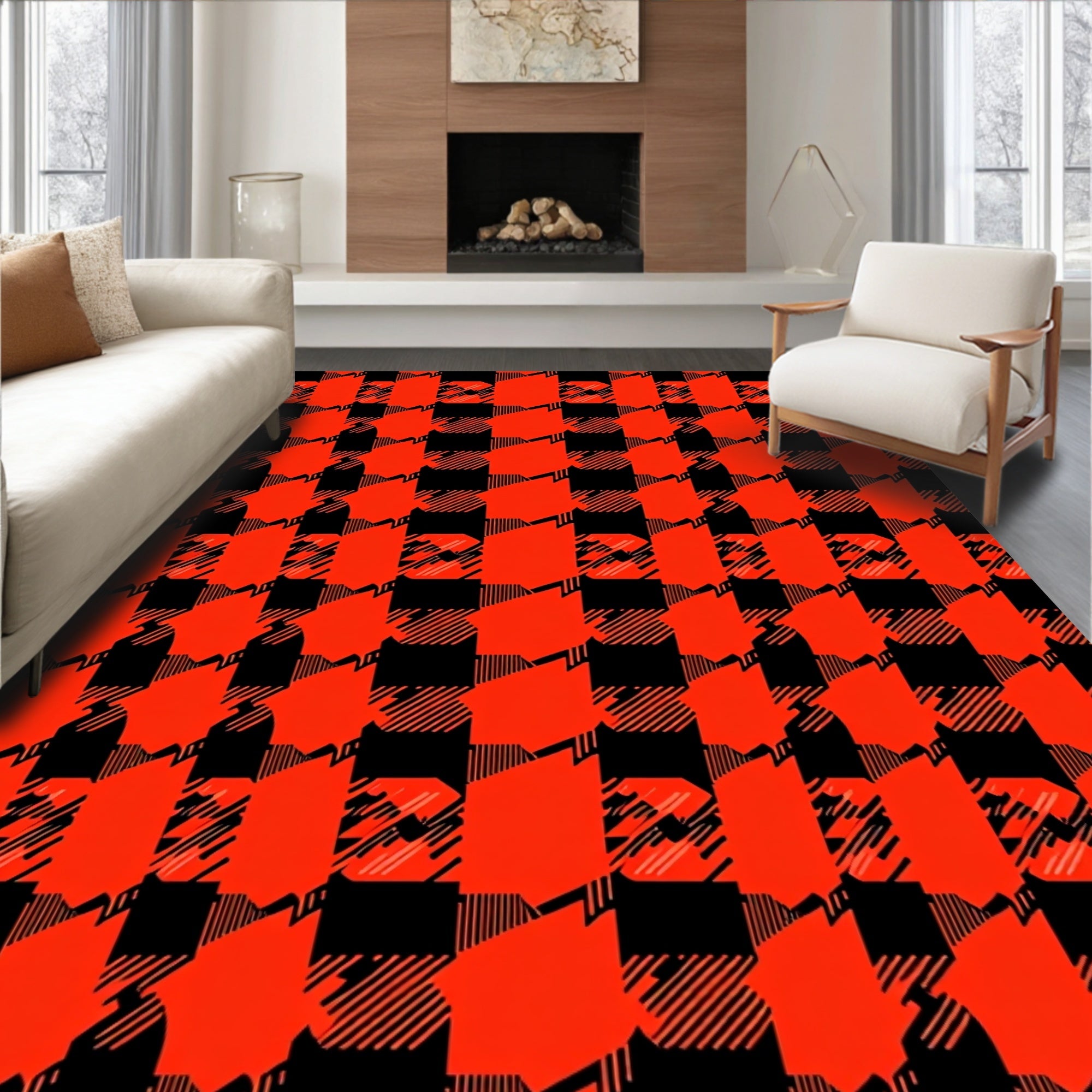 Bold Red Black Houndstooth Pattern Rug