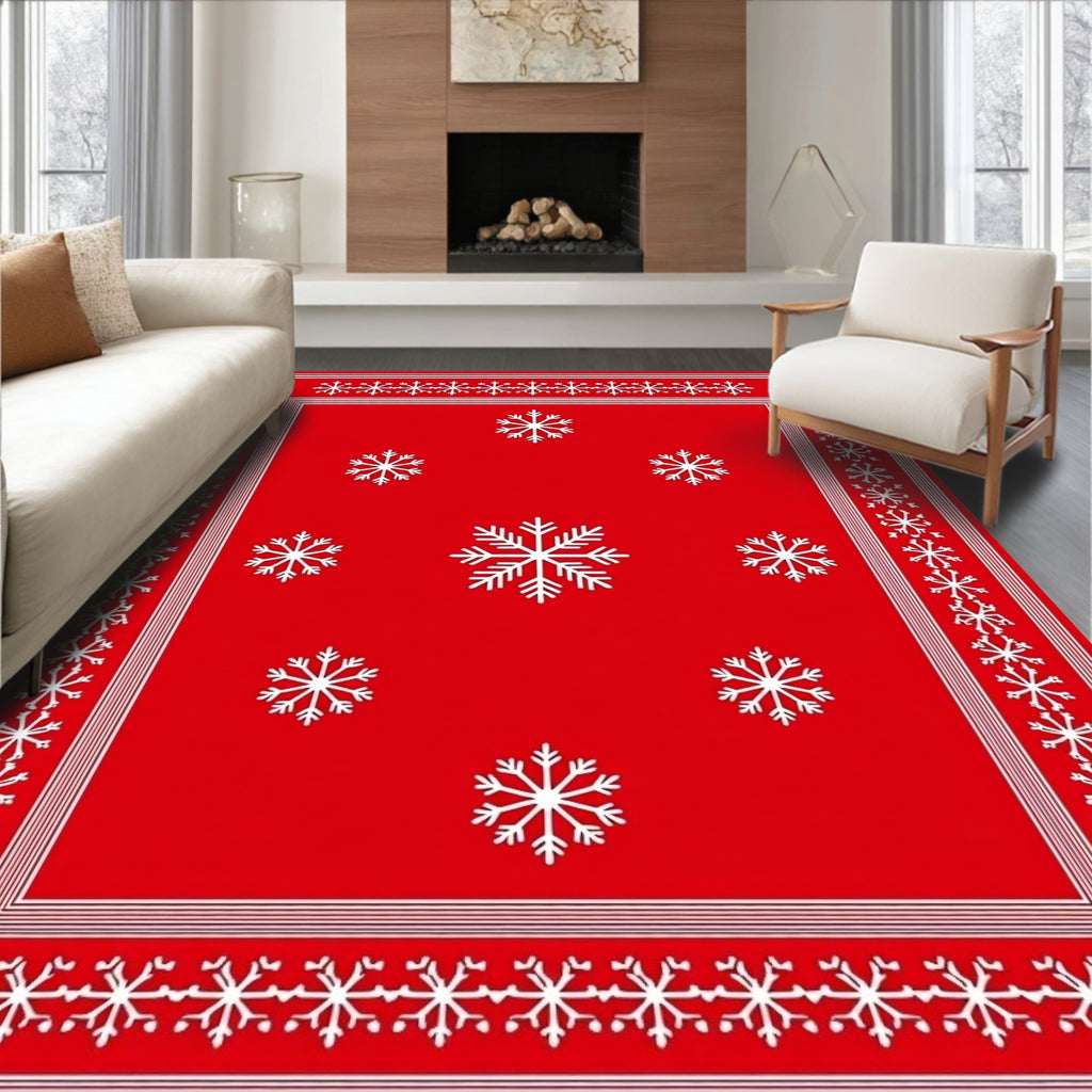Red Snowflake Patterned Border Rug