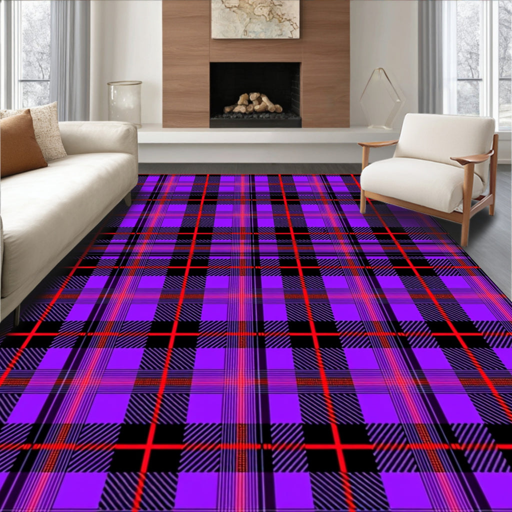 Bold Purple Red Black Plaid Design Rug