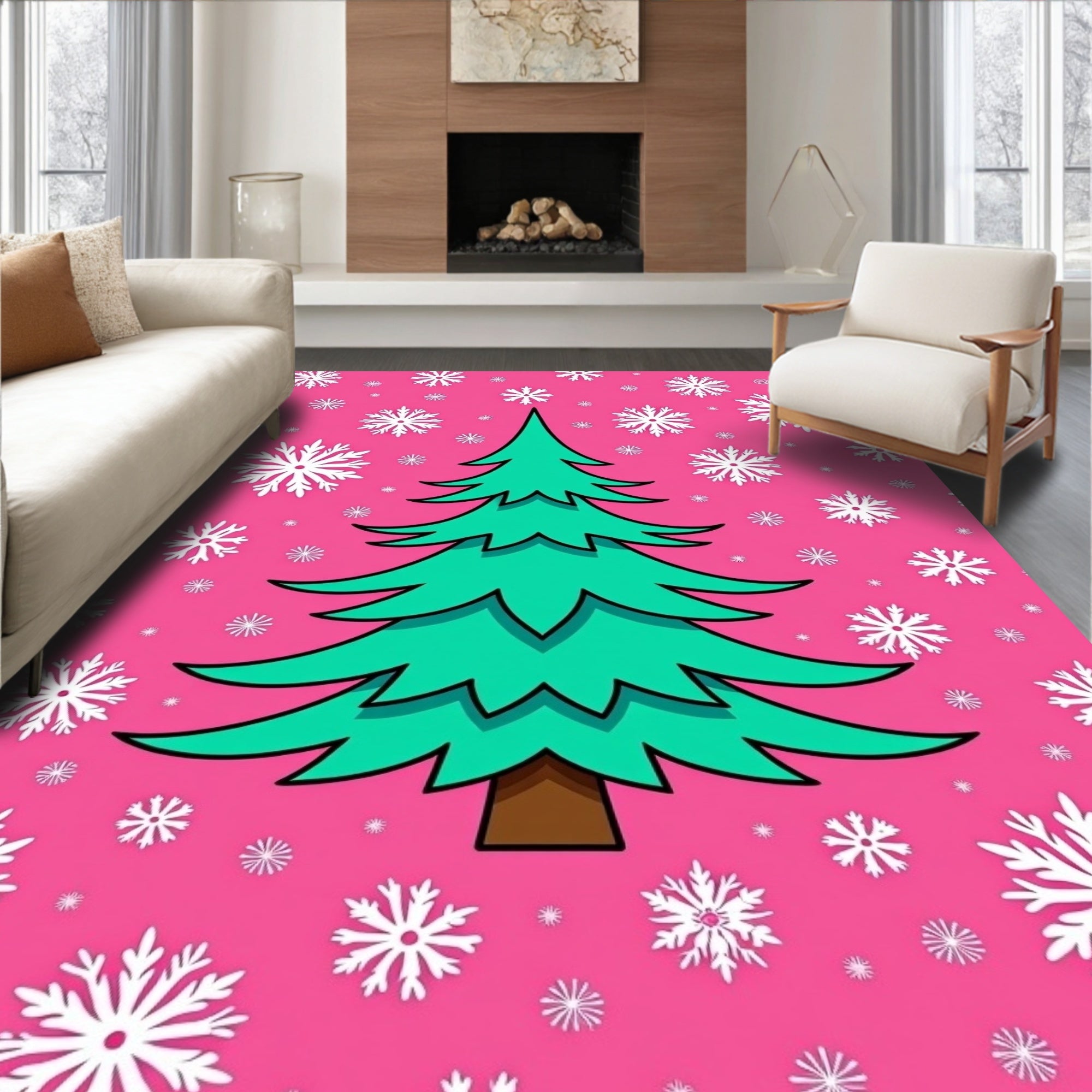 Pink Snowflake Christmas Tree Design Rug