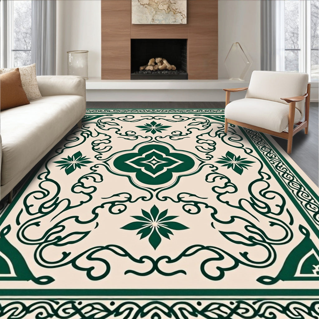 Green Floral Vine Intricate Pattern Rug