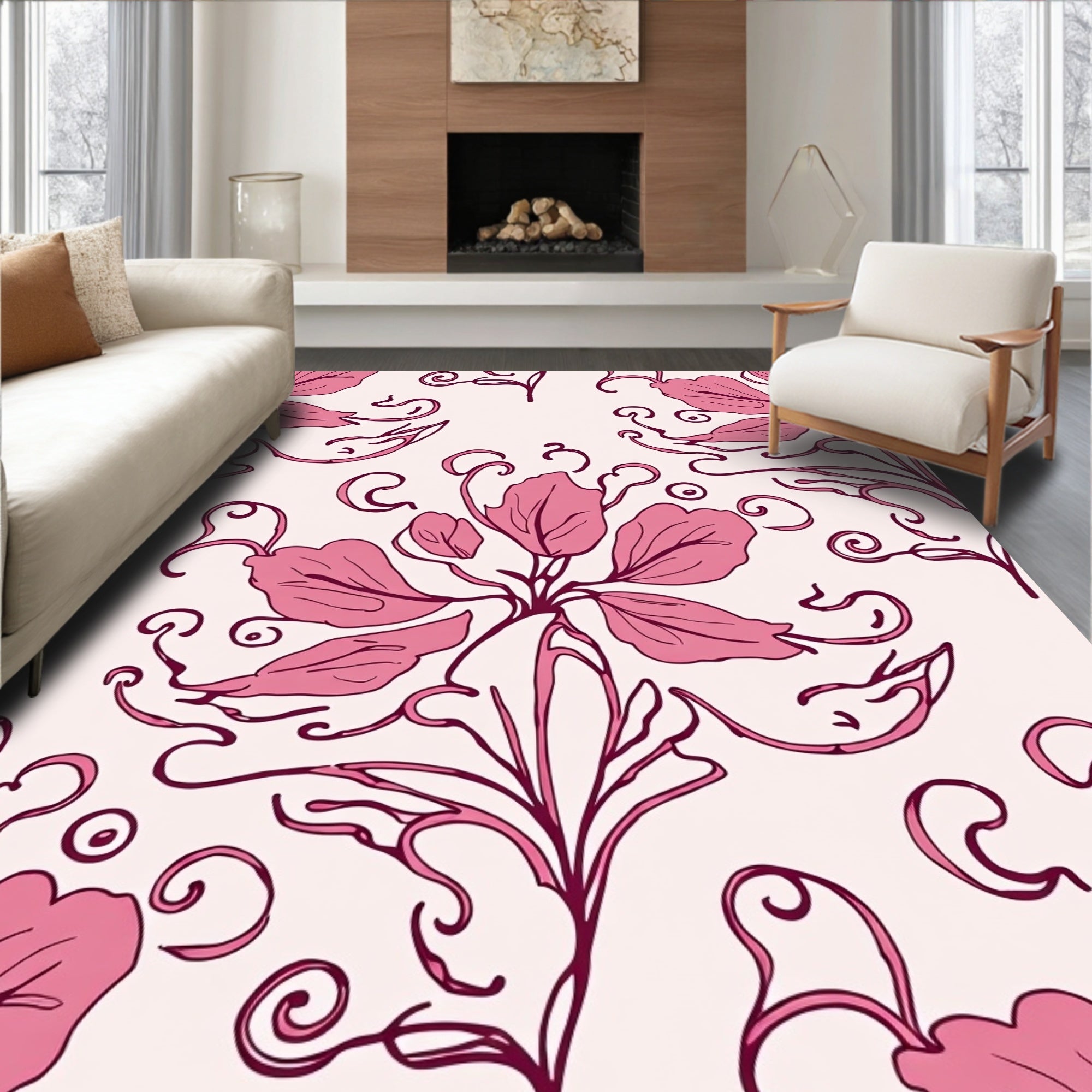 Pink Floral Vine Swirl Pattern Rug