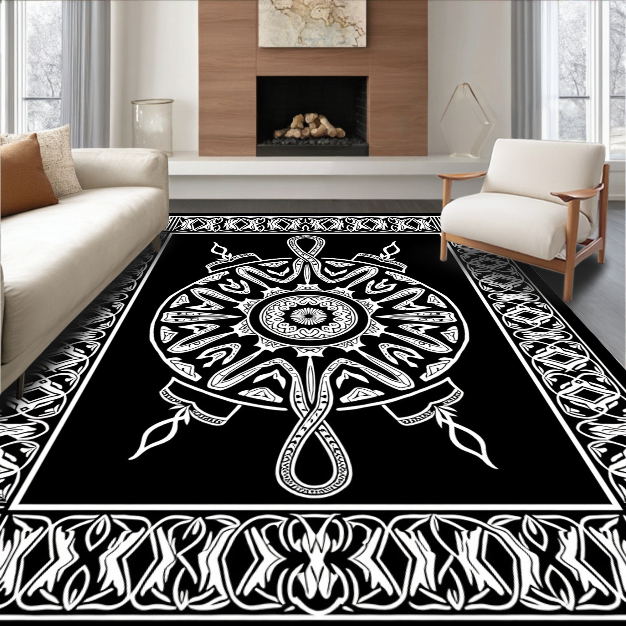 Monochromatic Intricate Circular Mandala Design Rug