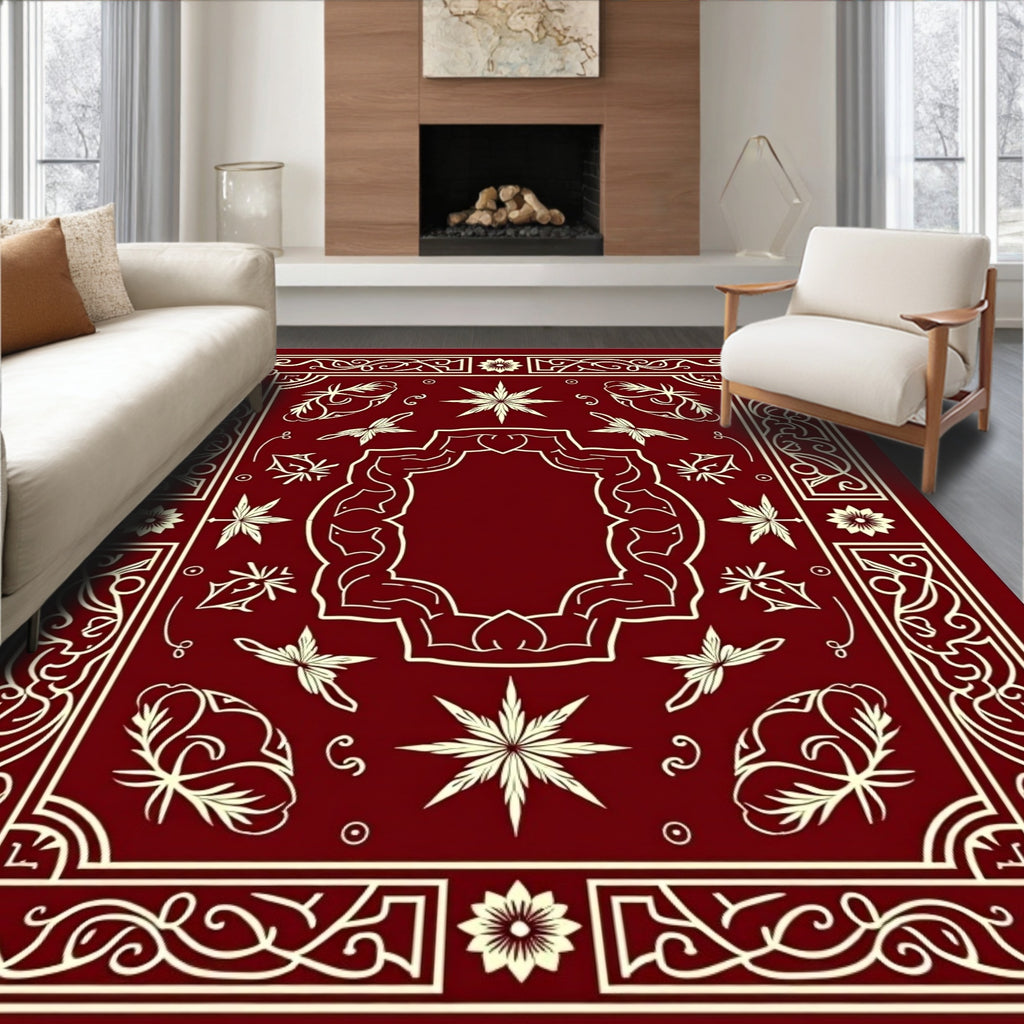 Deep Red Vintage Floral Starburst Frame Rug