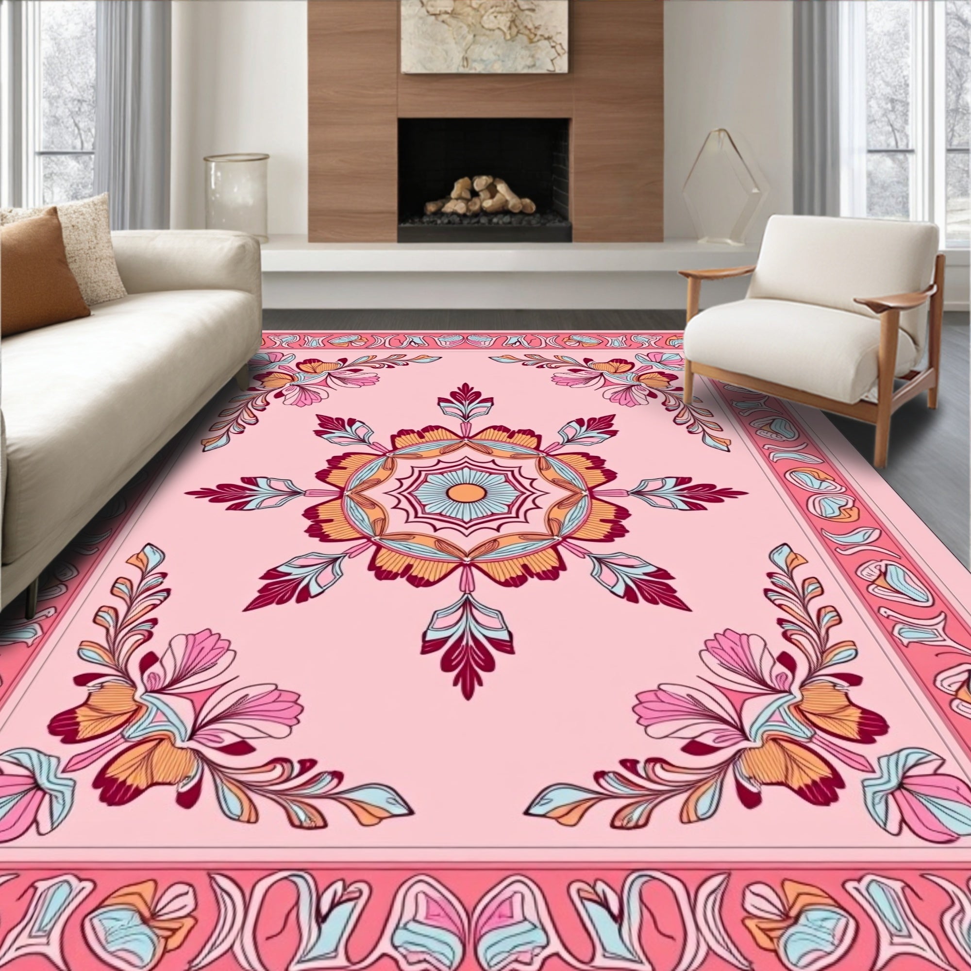 Floral Mandala Pink Patterned Rug