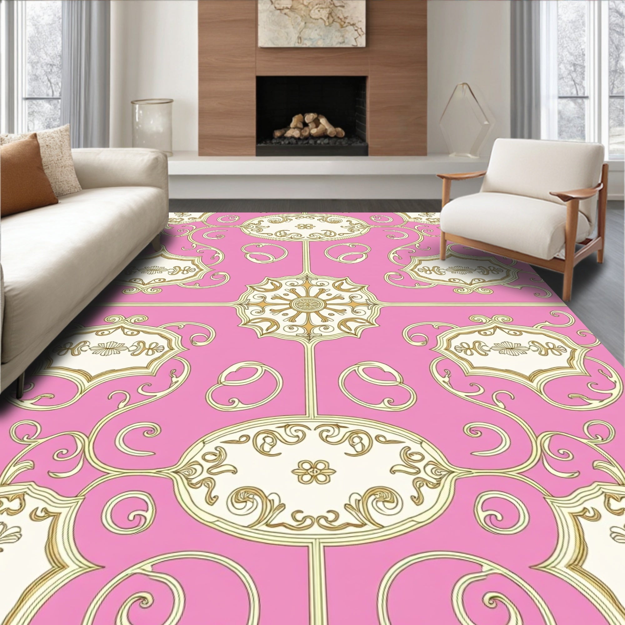 Pink Gold Decorative Scroll Pattern Rug