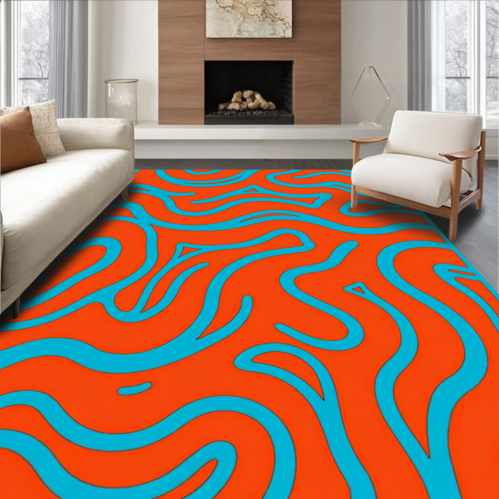 Abstract Wavy Blue Orange Pattern Rug