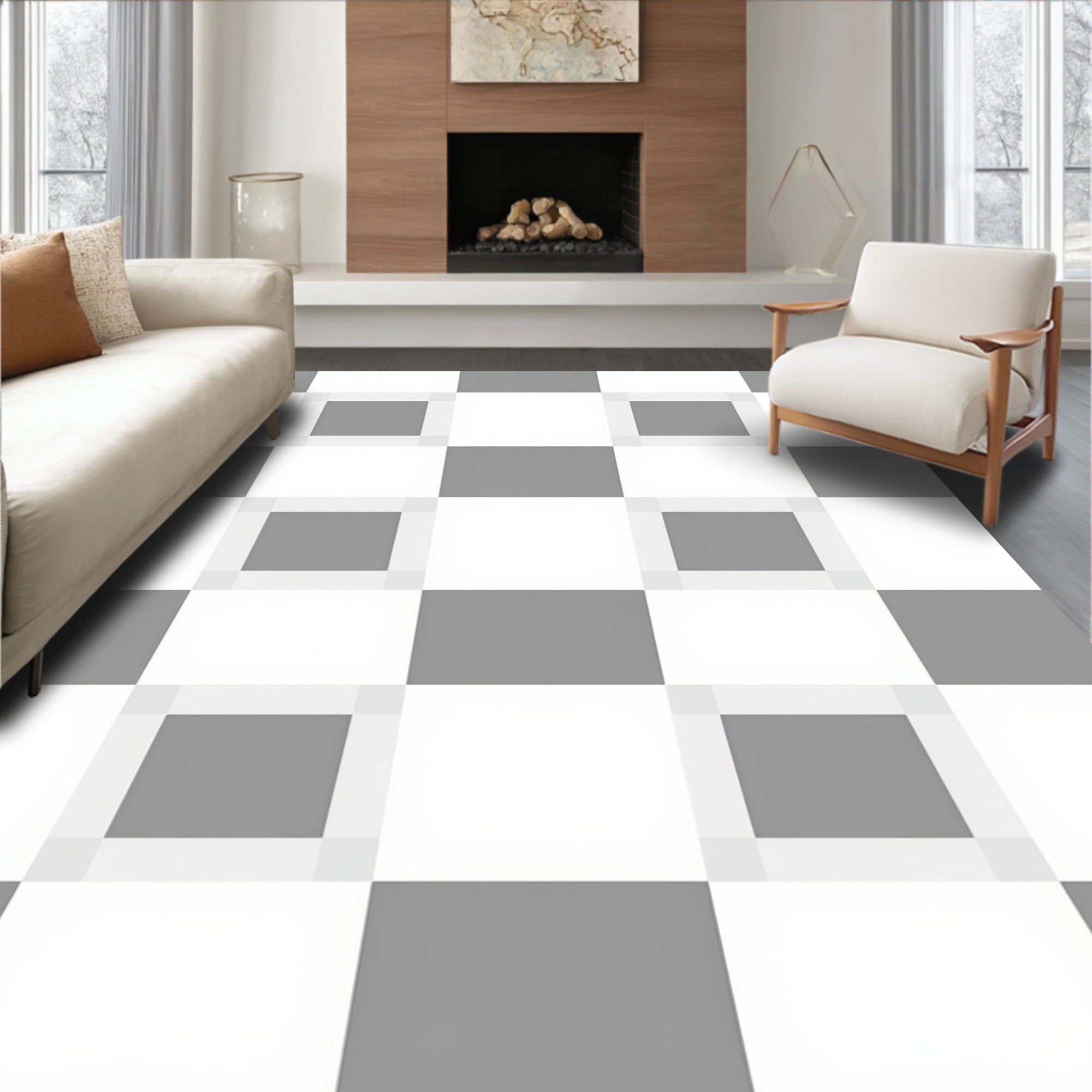 Simple Gray White Checkered Pattern Rug
