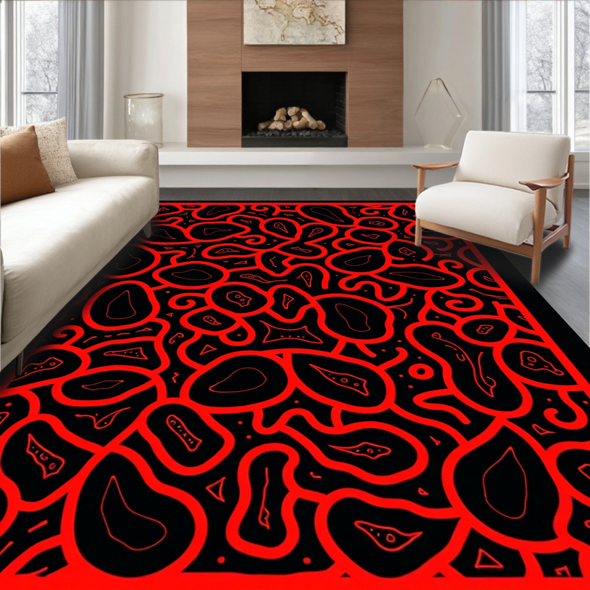 Bold Red Organic Lines Pattern Rug