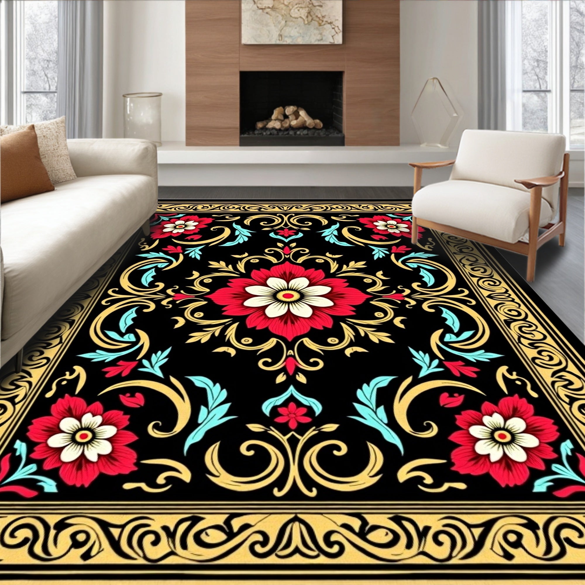 Bold Floral Scrollwork Ornamental Design Rug