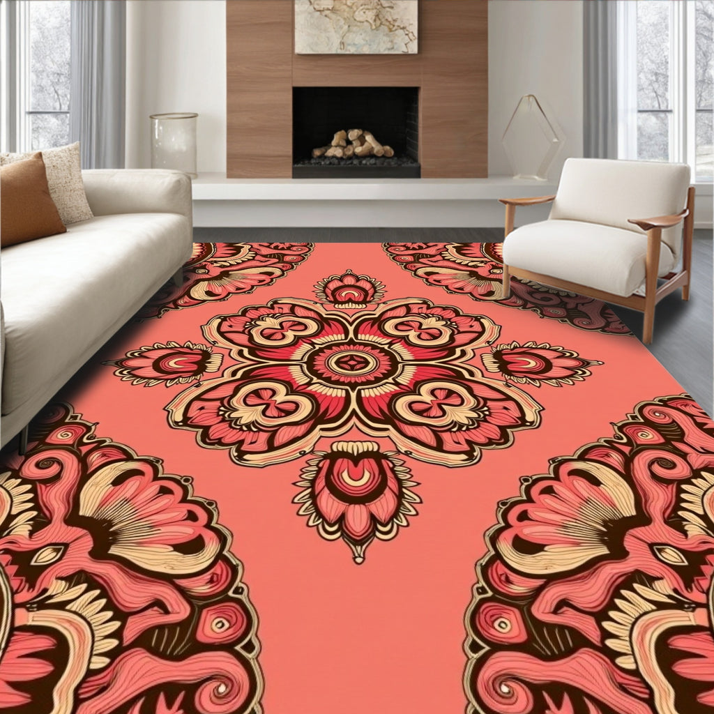Coral Pink Floral Medallion Mandala Rug