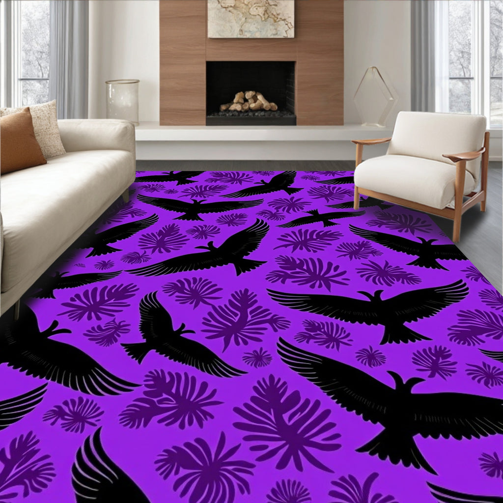 Black Eagles Tropical Foliage Pattern Rug