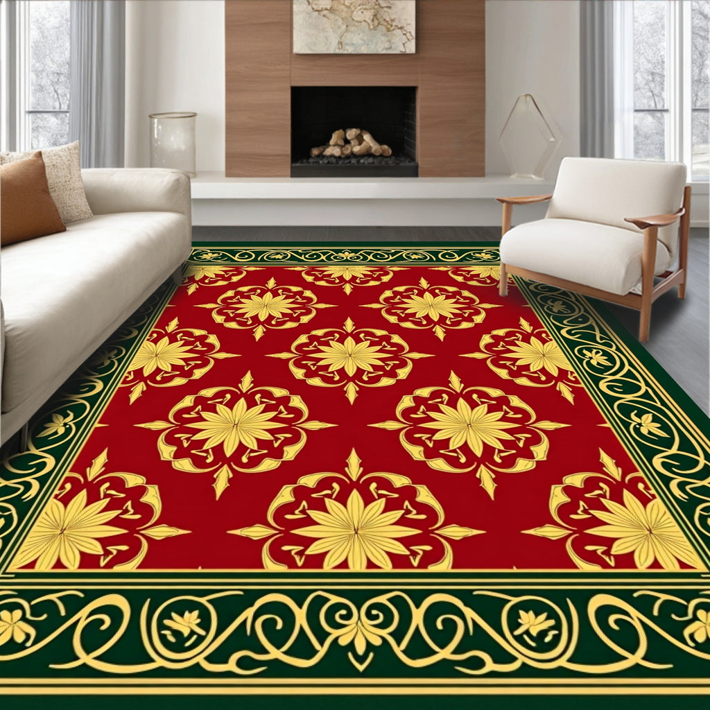 Ornate Red Gold Floral Medallion Design Rug