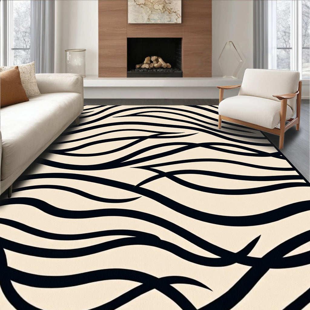 Cream Black Abstract Wavy Strokes Rug