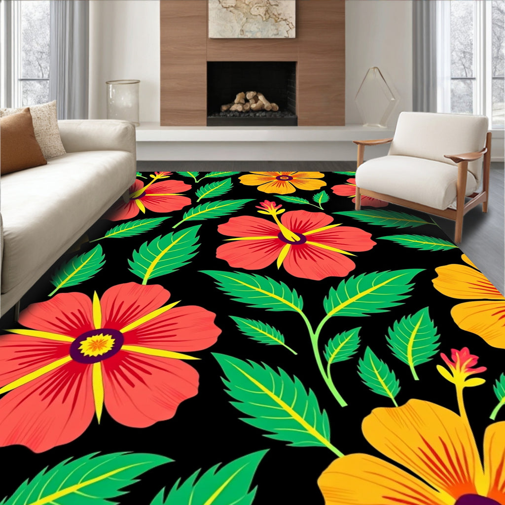 Tropical Coral Yellow Hibiscus Bloom Rug