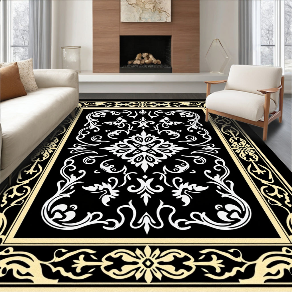 Ornate Black White Floral Border Rug