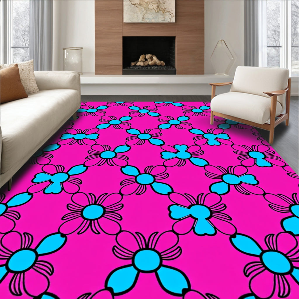 Bright Pink Aqua Floral Lattice Rug