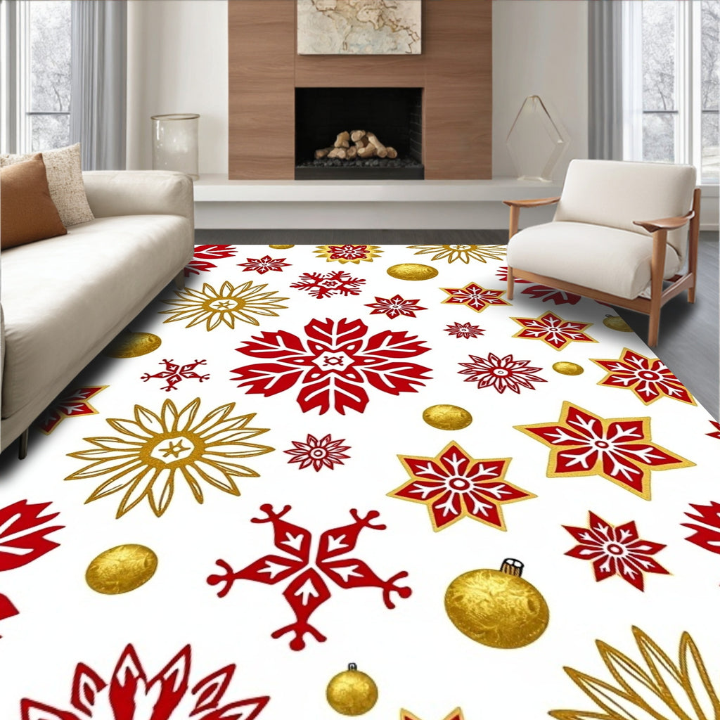 Festive Red Gold Snowflake Stars Pattern Rug