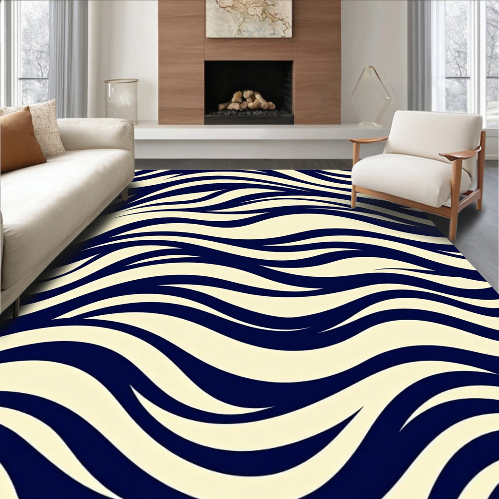 Navy Cream Wave Pattern Design Rug