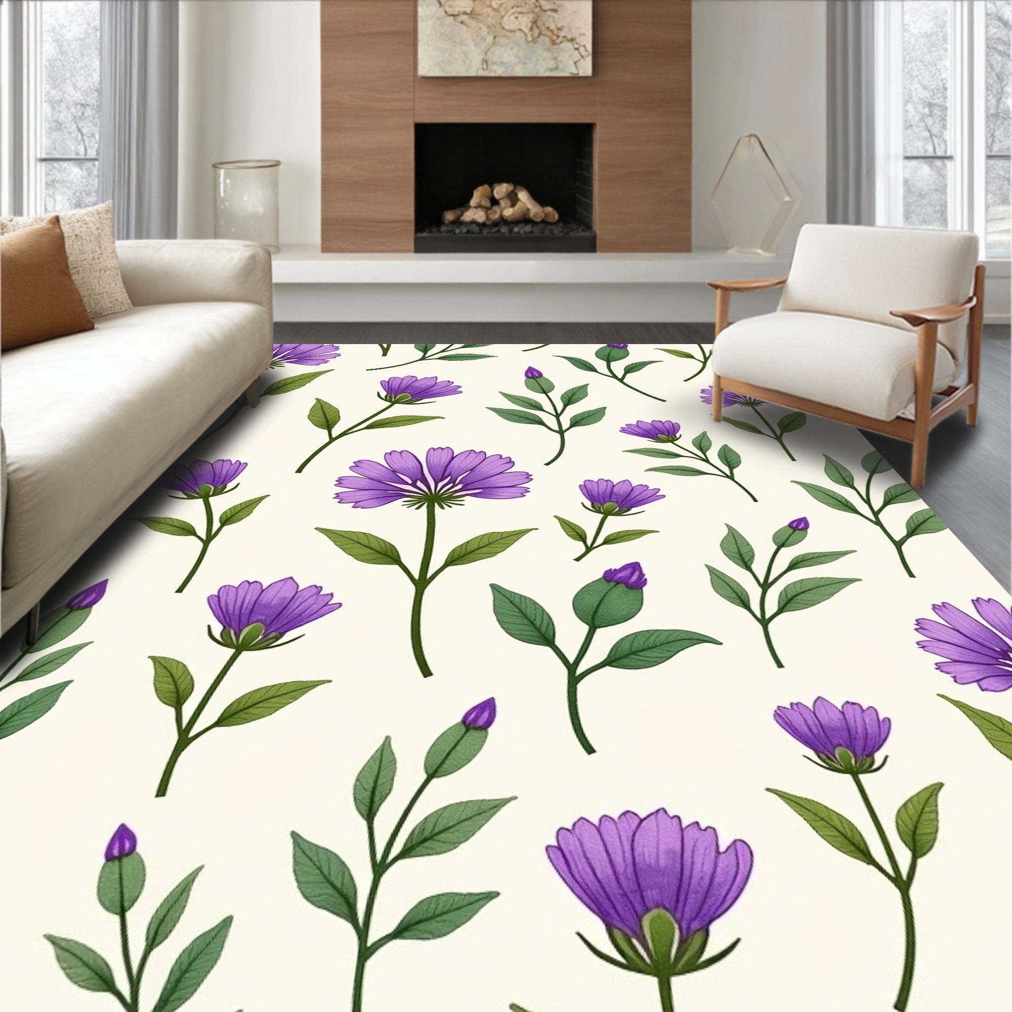 Purple Floral And Leaf Pattern Rug