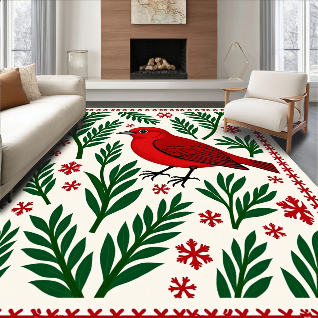 Red Bird Snowflake Botanical Border Rug
