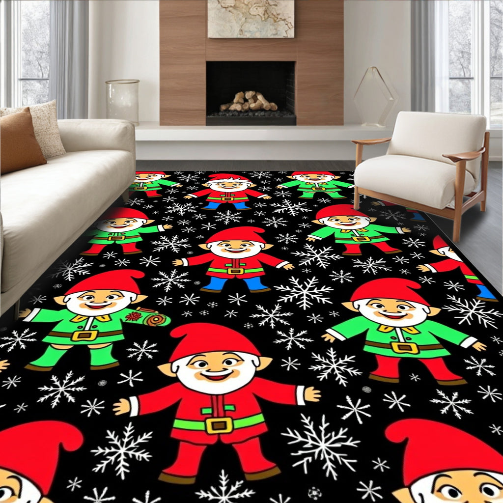 Festive Christmas Gnomes Snowflakes Black Rug