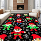 Festive Christmas Gnomes Snowflakes Black Rug