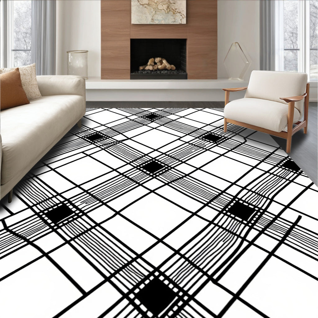 Bold Black White Plaid Check Design Rug