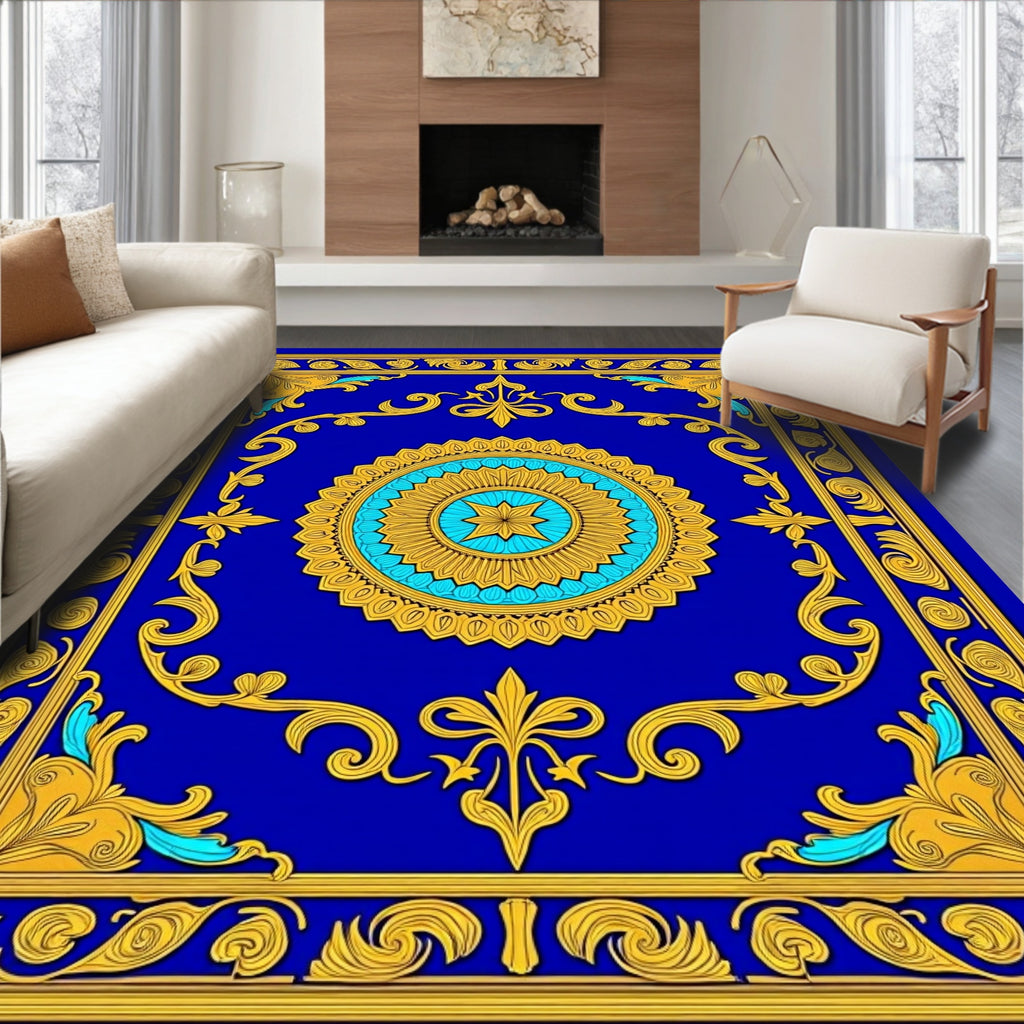 Ornate Royal Blue Gold Floral Medallion Rug