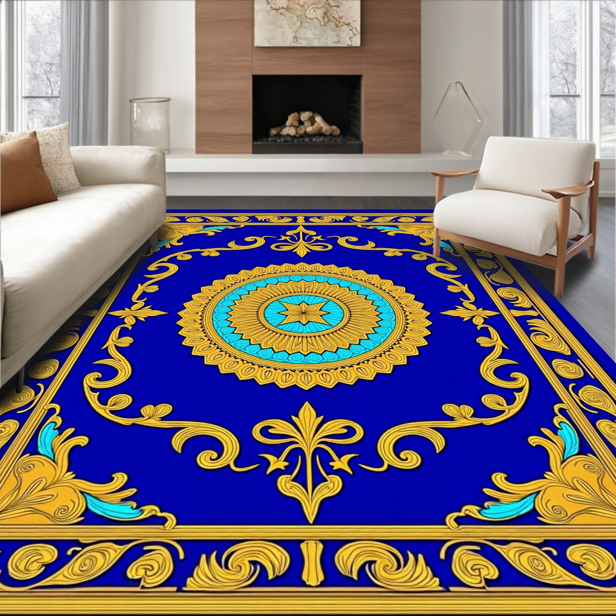 Ornate Royal Blue Gold Floral Medallion Rug