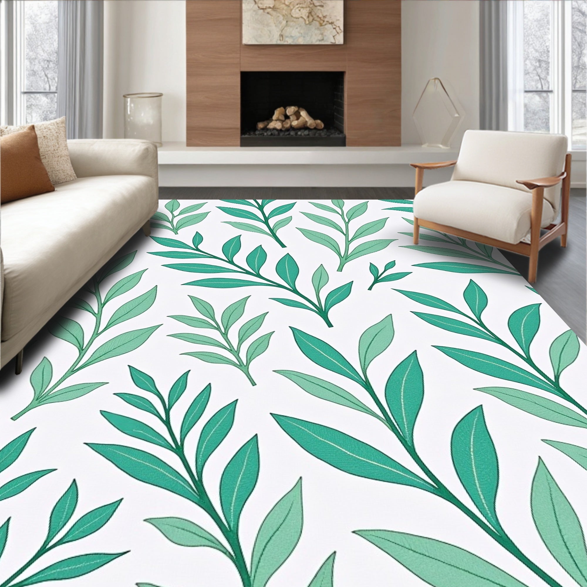 Emerald Leaf Patterned Accent Rug