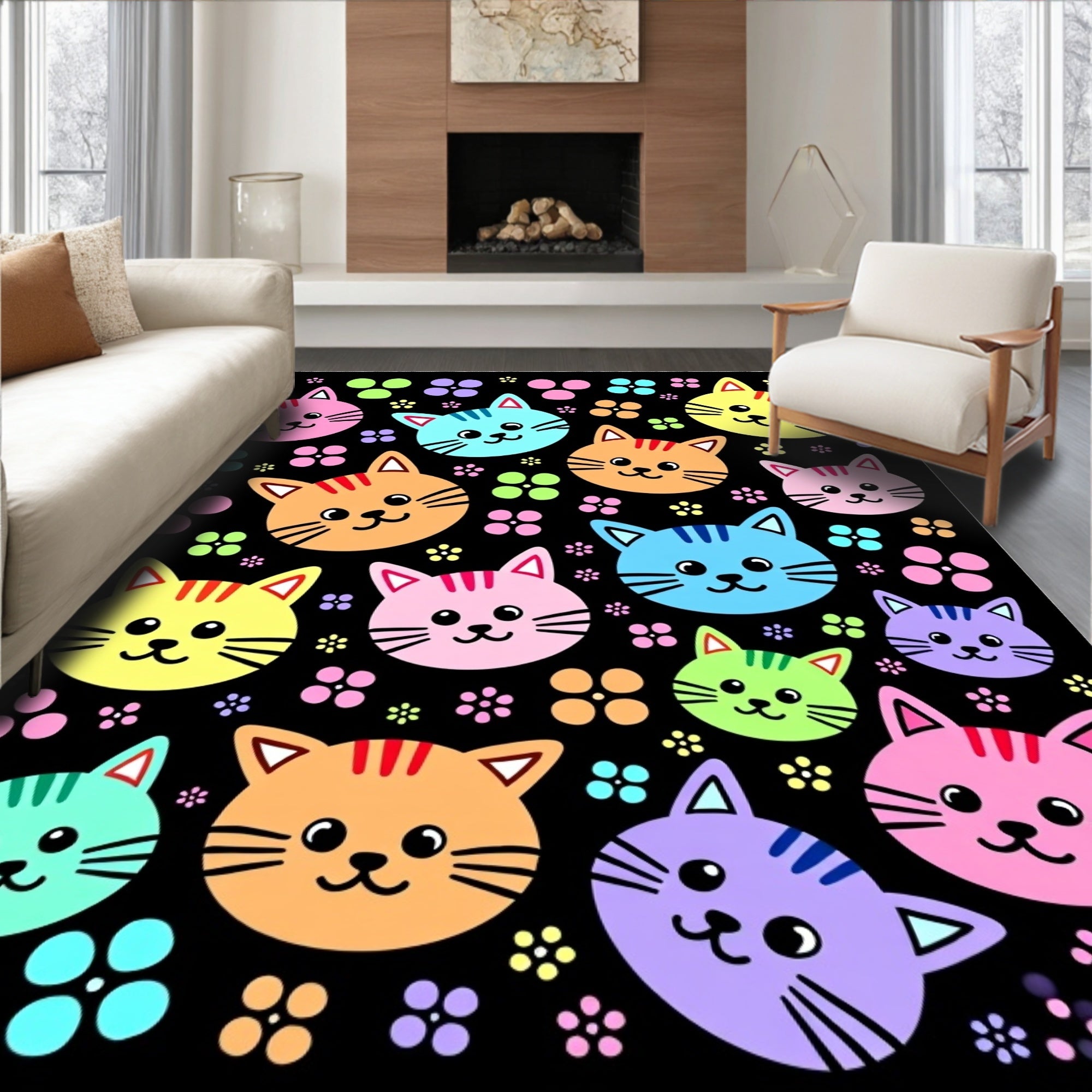Cute Colorful Cat Faces Pattern Rug