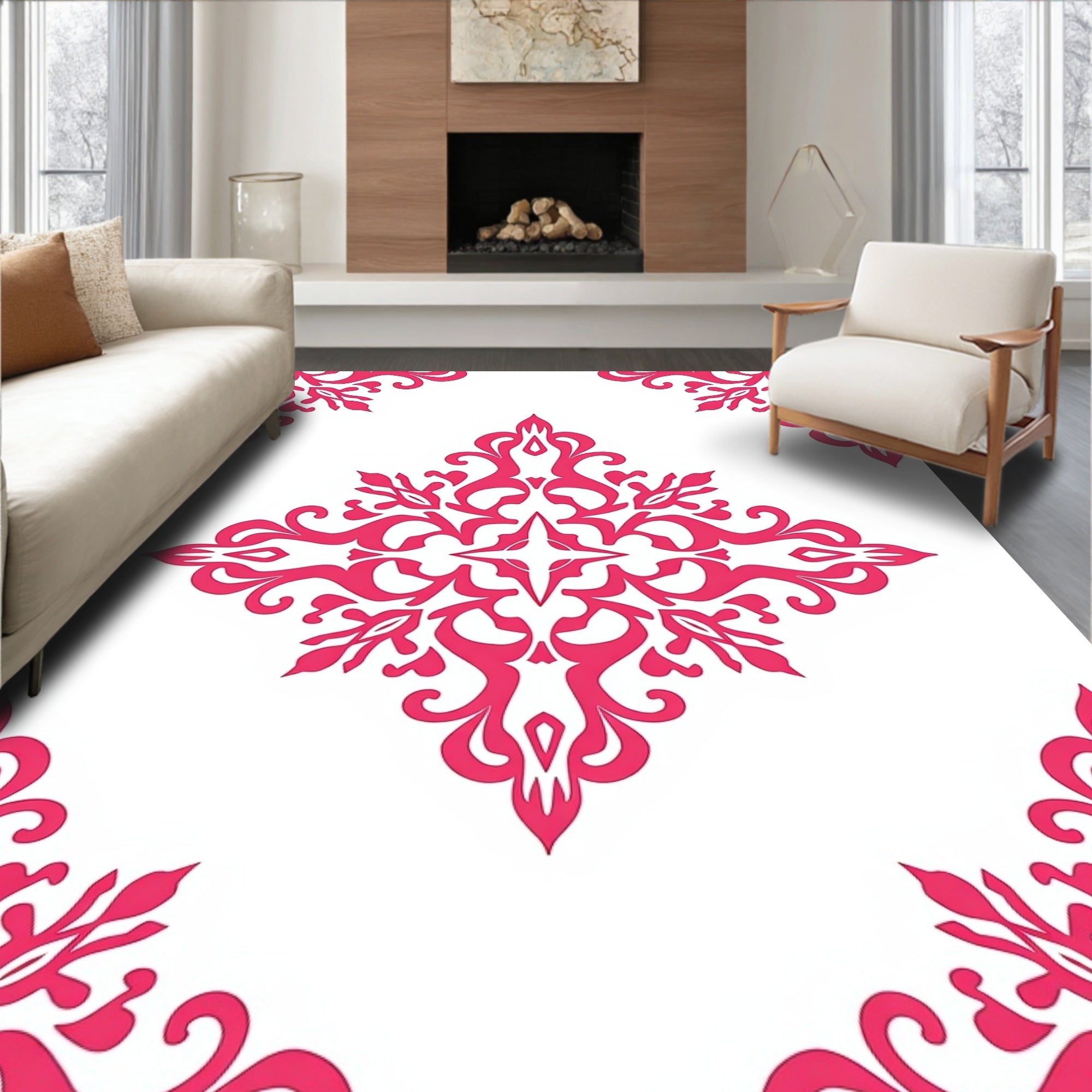 Bright Pink Contemporary Floral Medallion Rug