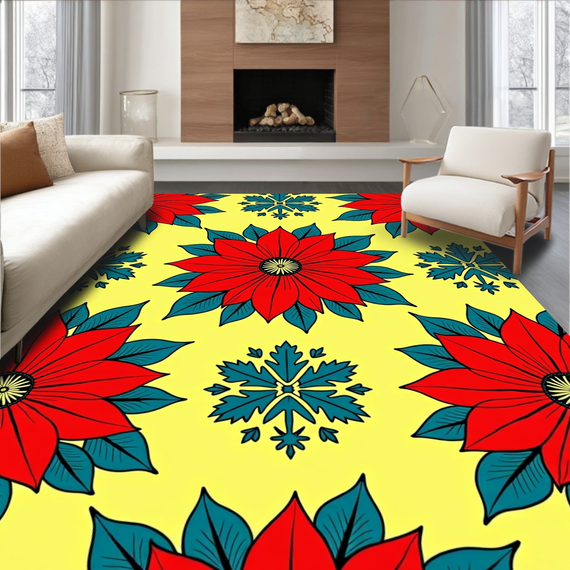 Bold Red Floral Snowflakes Pattern Rug