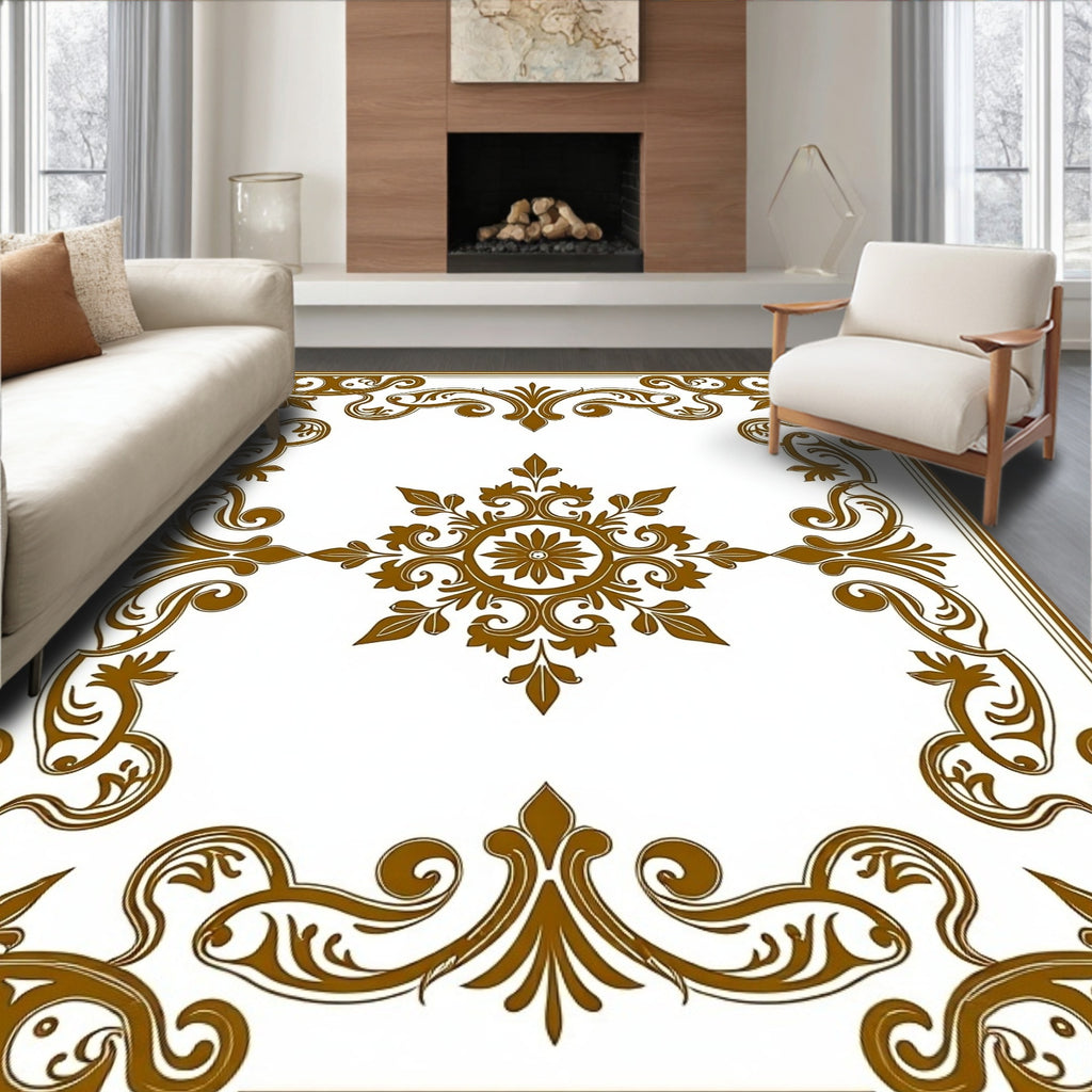 Ornate Golden Floral Scrollwork Frame Rug
