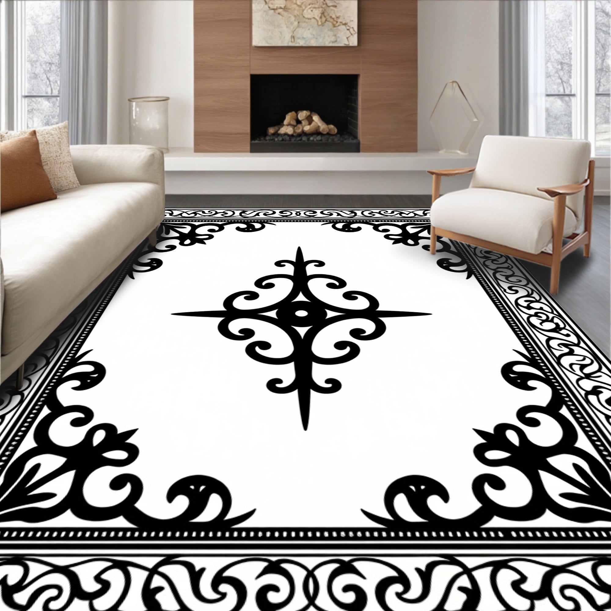 Intricate Scrollwork With Geometric Centerpiece Rug