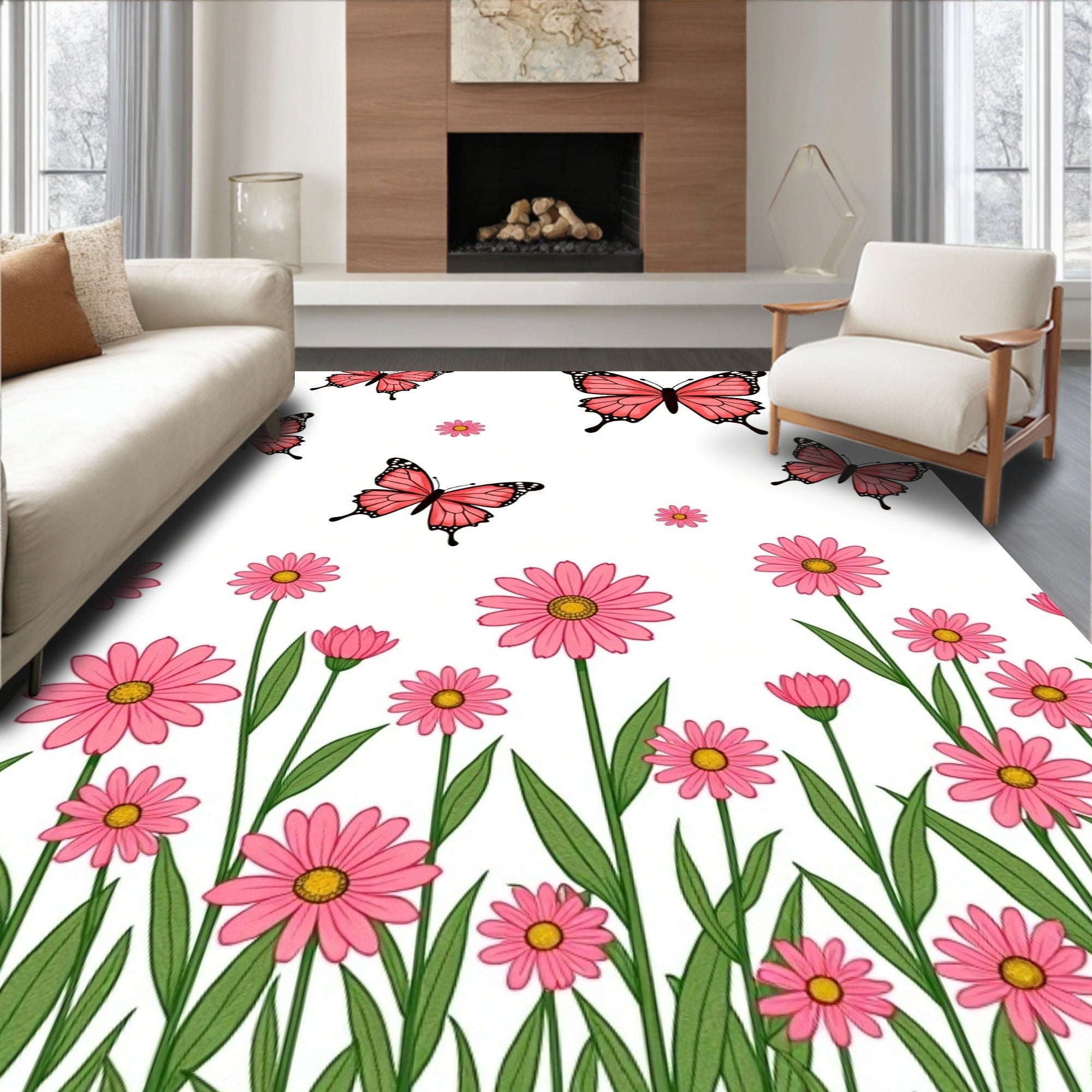 Pink Butterfly and Daisy Garden Design Rug