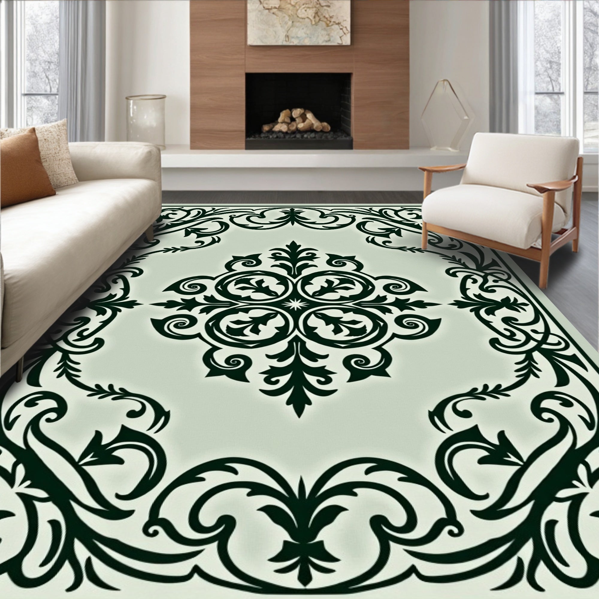 Ornate Floral Centerpiece Scrollwork Rug