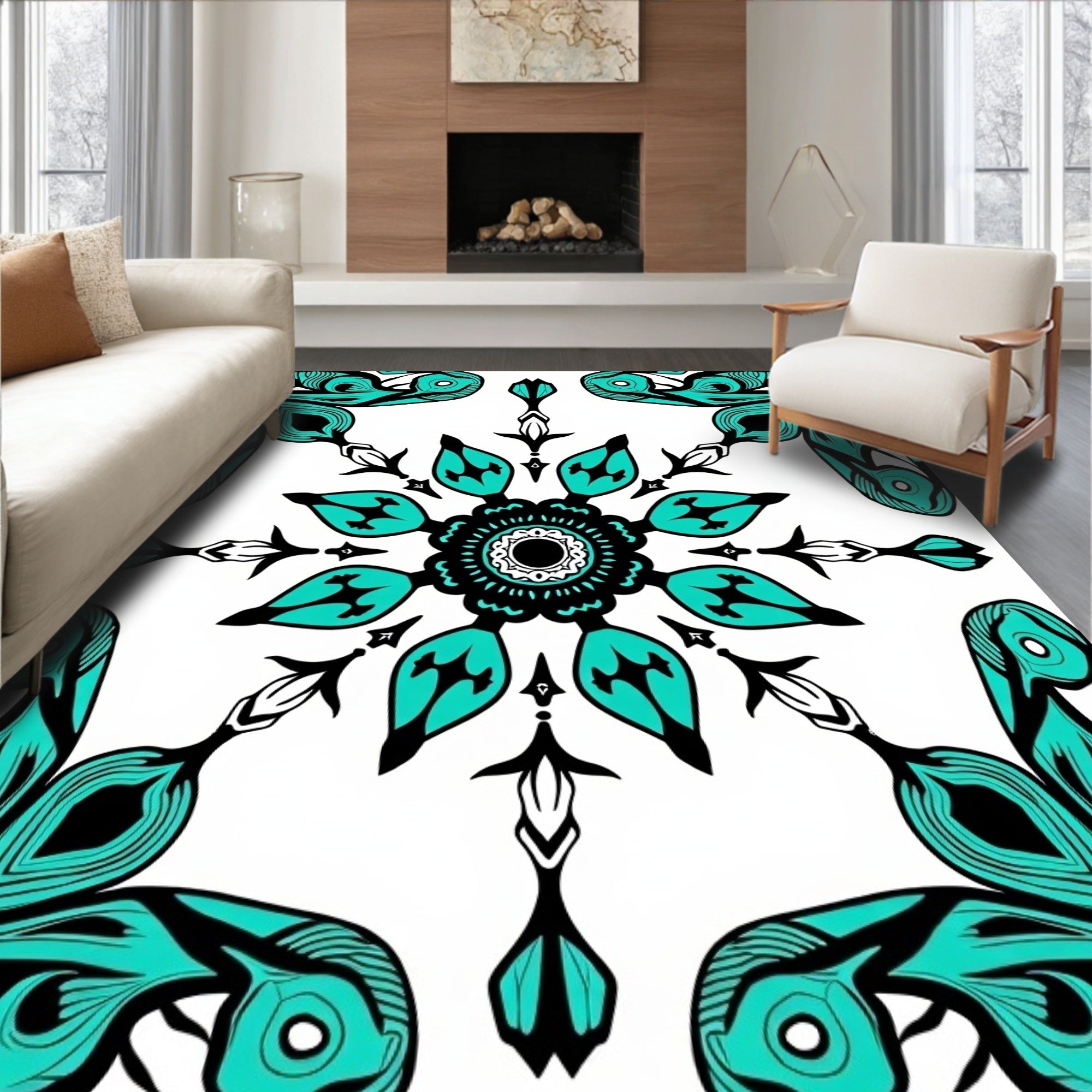 Artistic Teal Black Mandala Pattern Rug