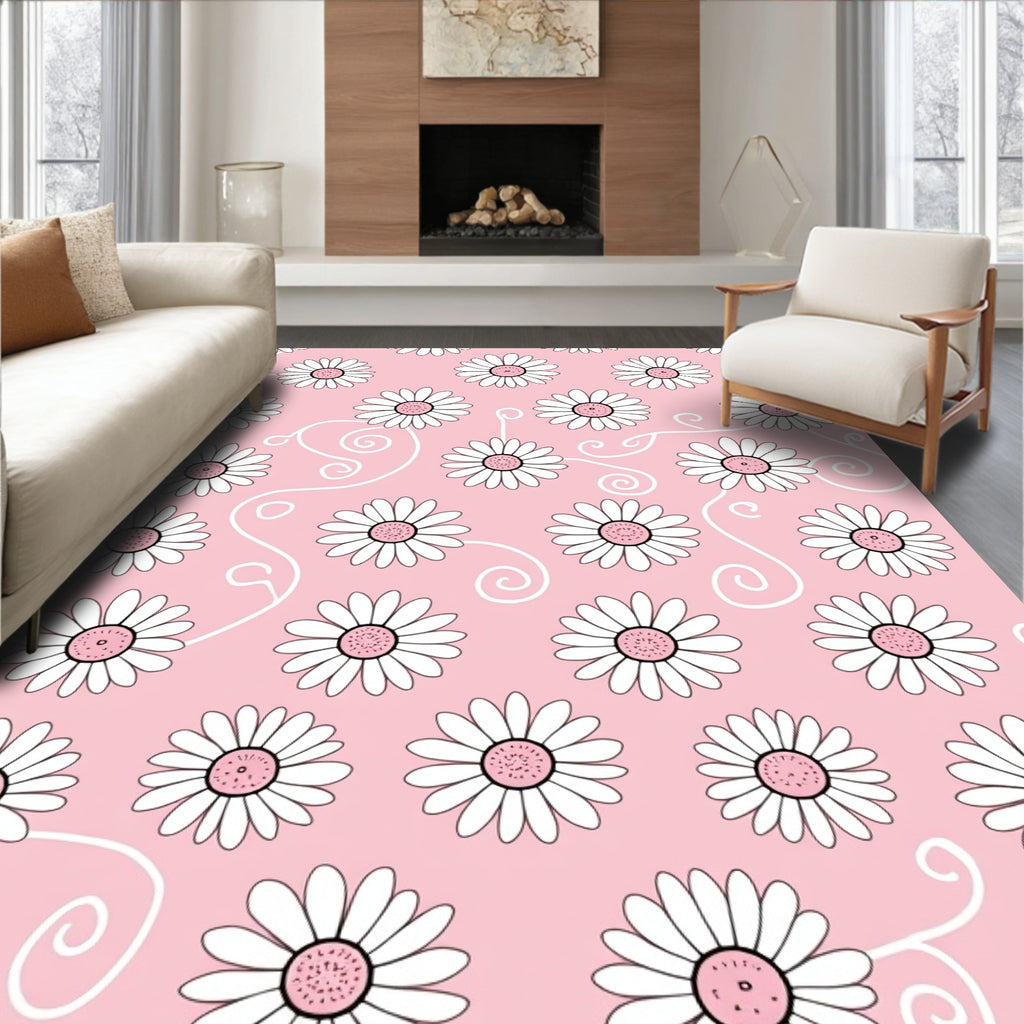 Daisy Flower Patterned Pink Swirl Rug