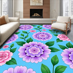 Vibrant Floral Patterned Blue Background Rug