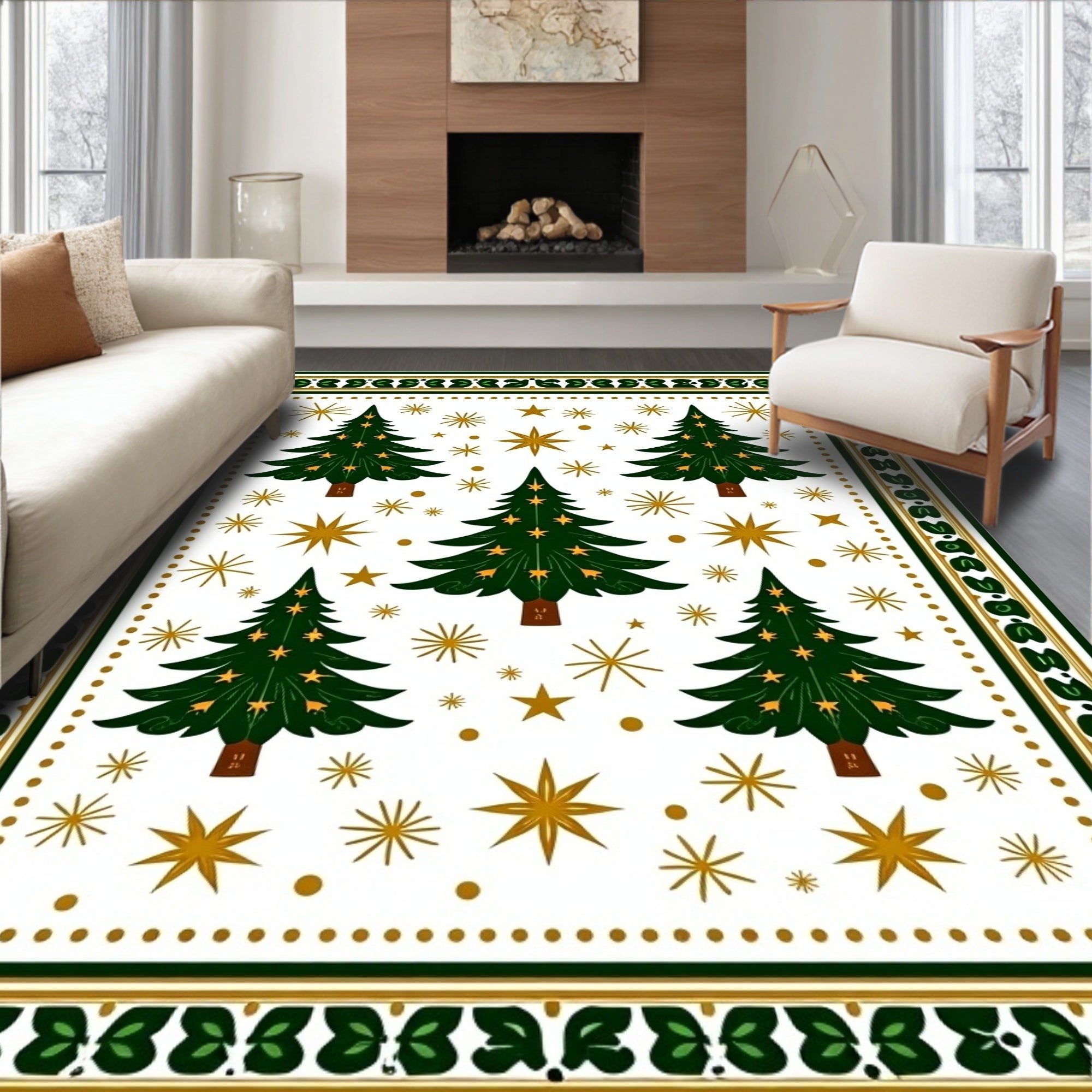Festive Green Christmas Trees Gold Stars Rug