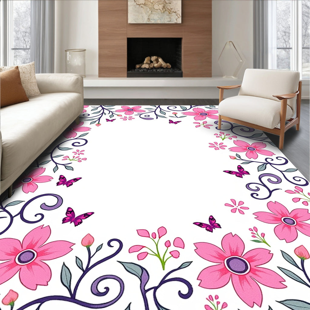 Bright Pink Floral Swirl Butterfly Design Rug