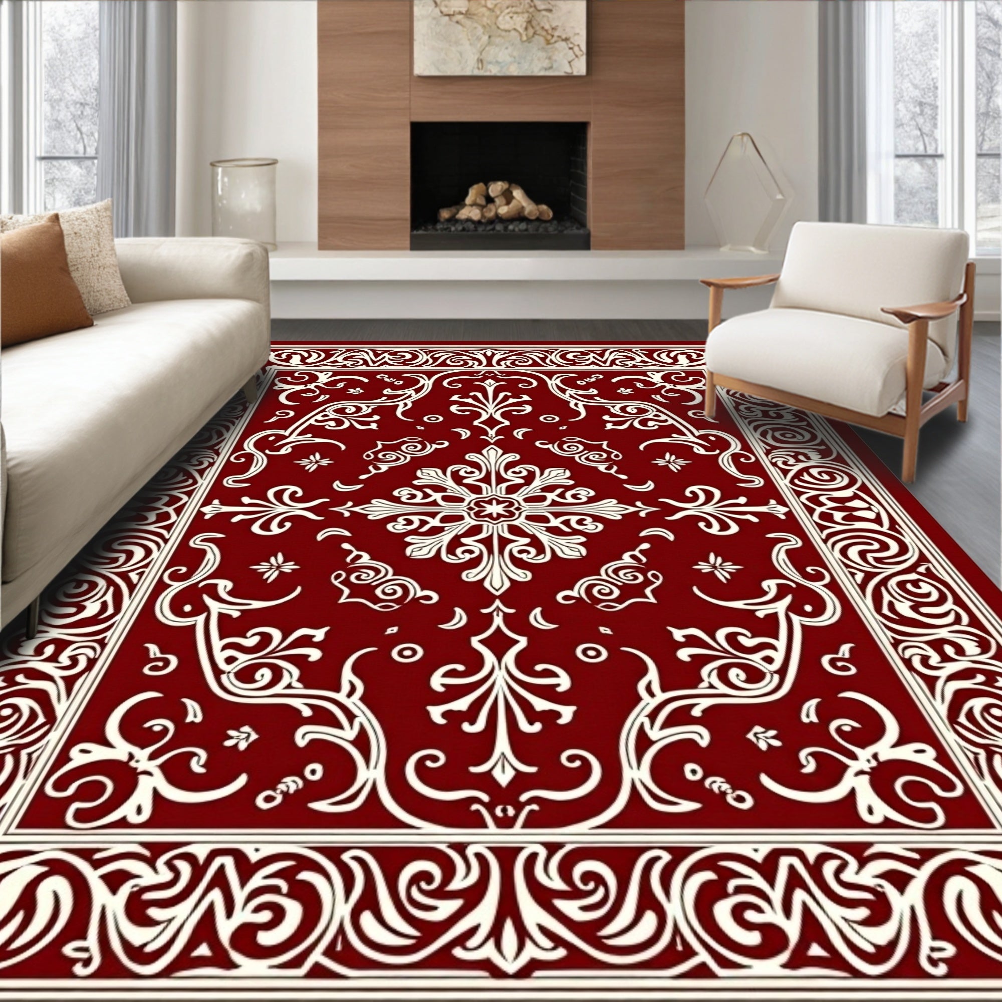 Ornate Red Cream Scroll Pattern Rug