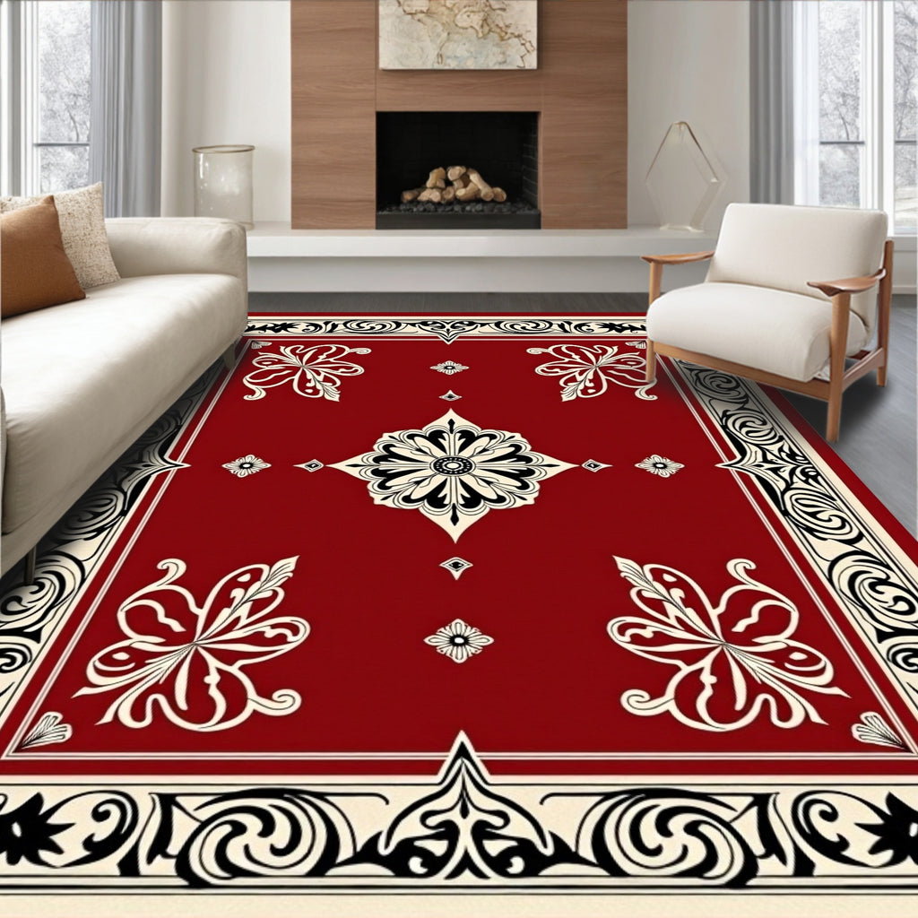 Rich Red Floral Scroll Border Design Rug