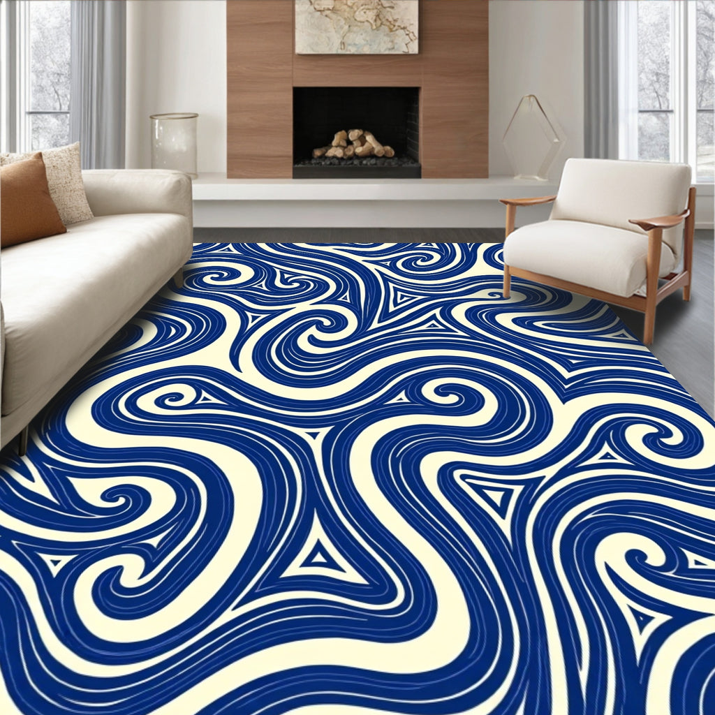 Abstract Swirl Patterned Deep Blue Rug