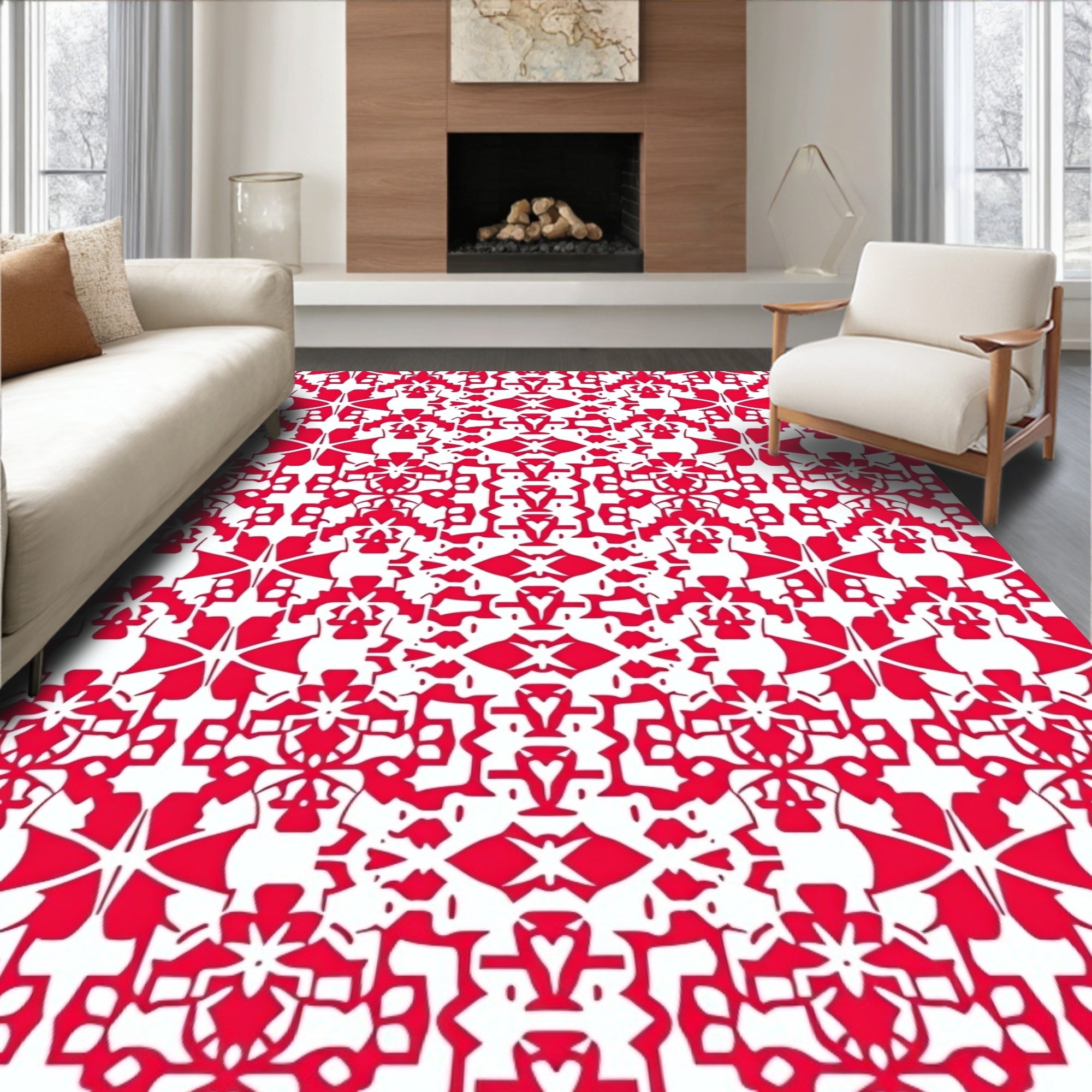Intricate Red White Abstract Pattern Rug