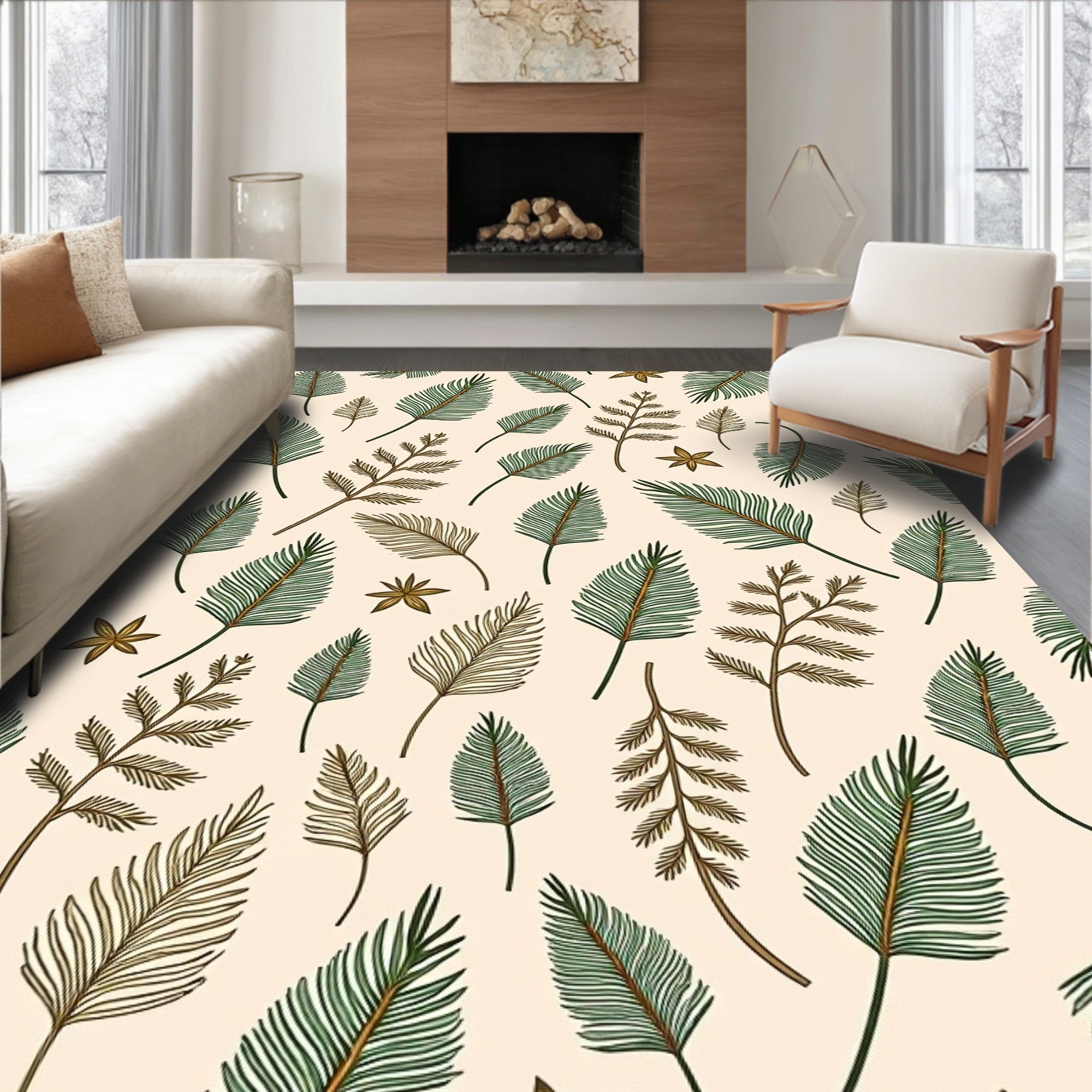 Nature's Green Brown Leaf Pattern Rug